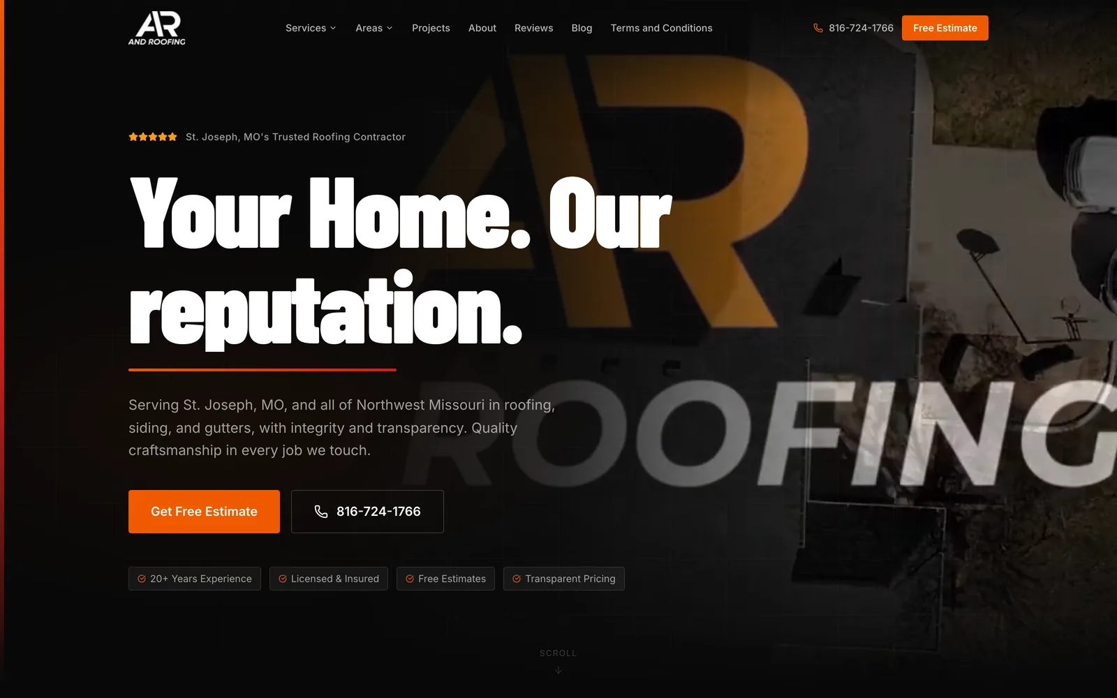 The AND Roofing home page, an aerial photograph of a finished roof behind the headline “Your Home. Our reputation.”