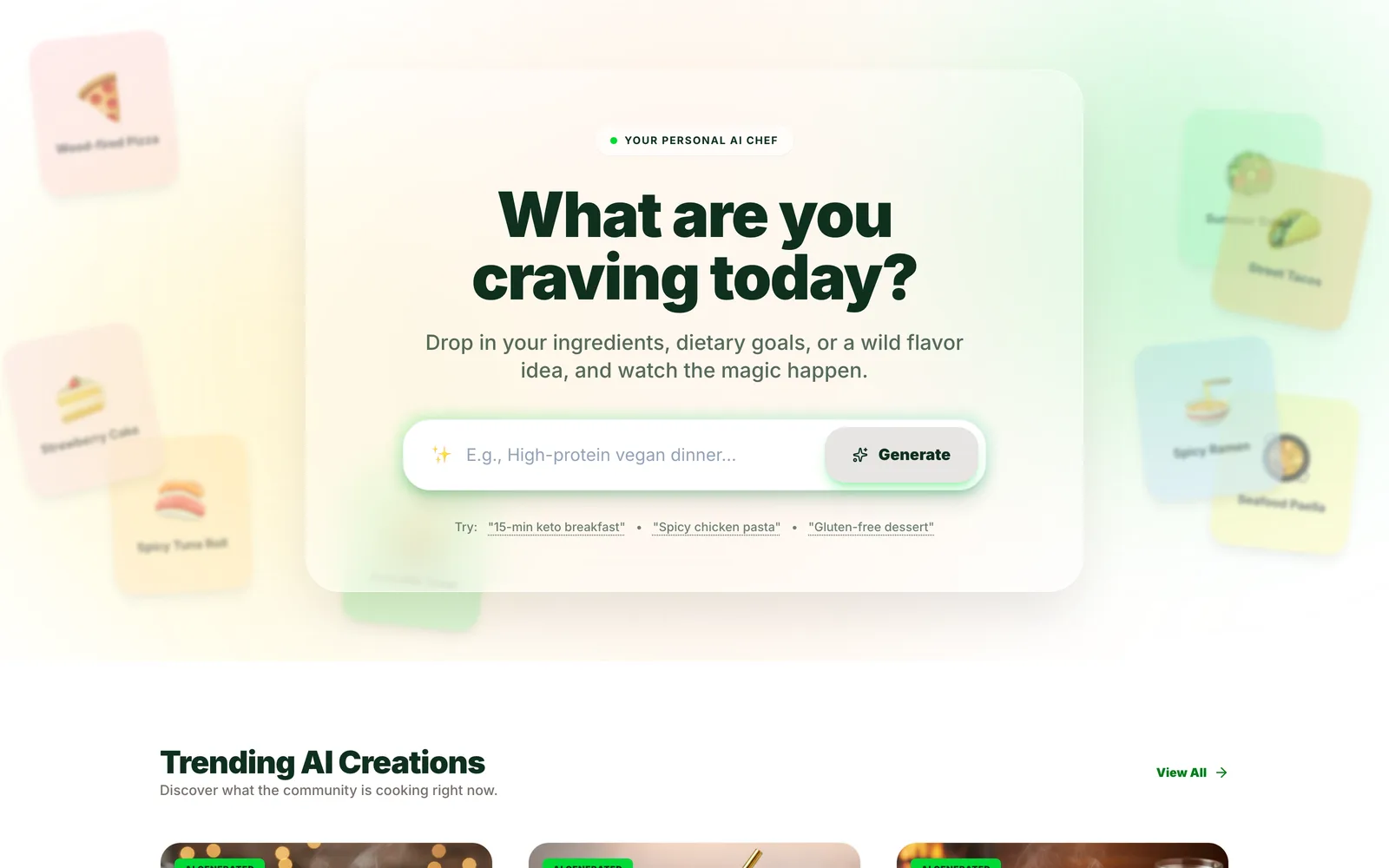 The Chefmate home page, where a recipe prompt box sits among floating dish cards.