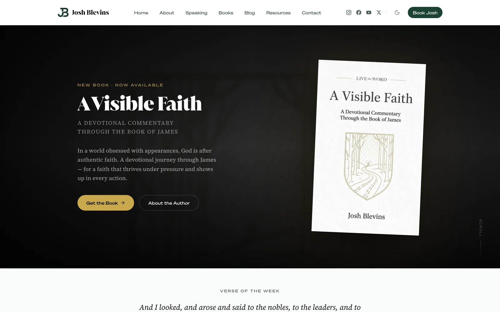 The Pastor Josh Blevins home page, featuring the book “A Visible Faith” against a dark hero.