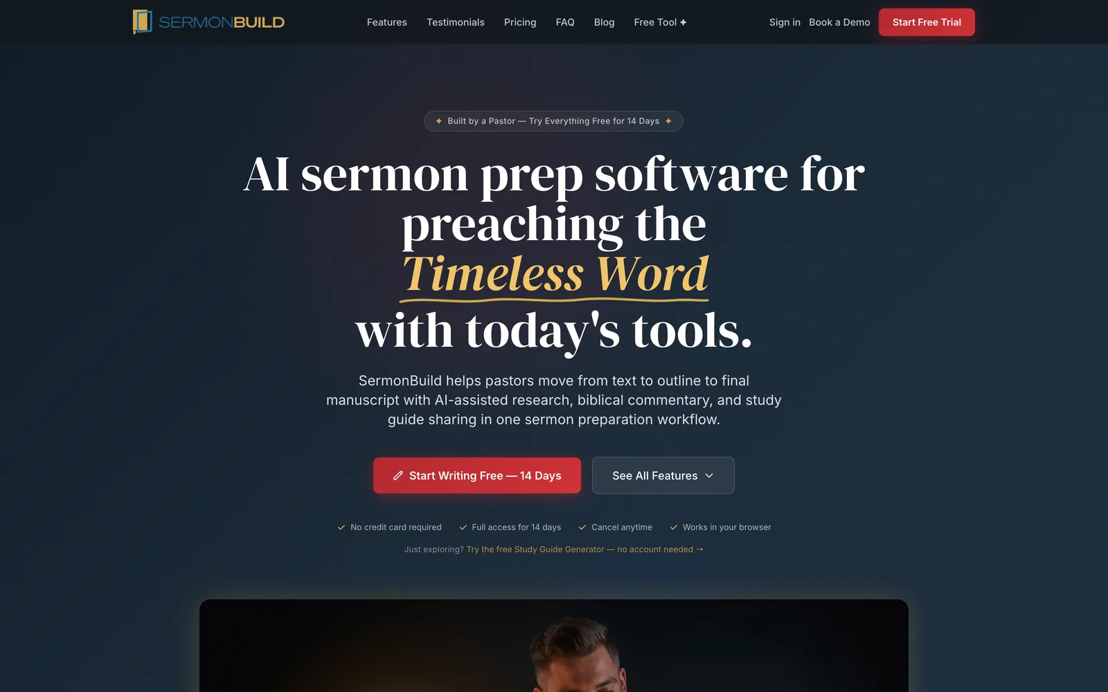 The SermonBuild home page, introducing AI sermon prep software over a deep navy hero.