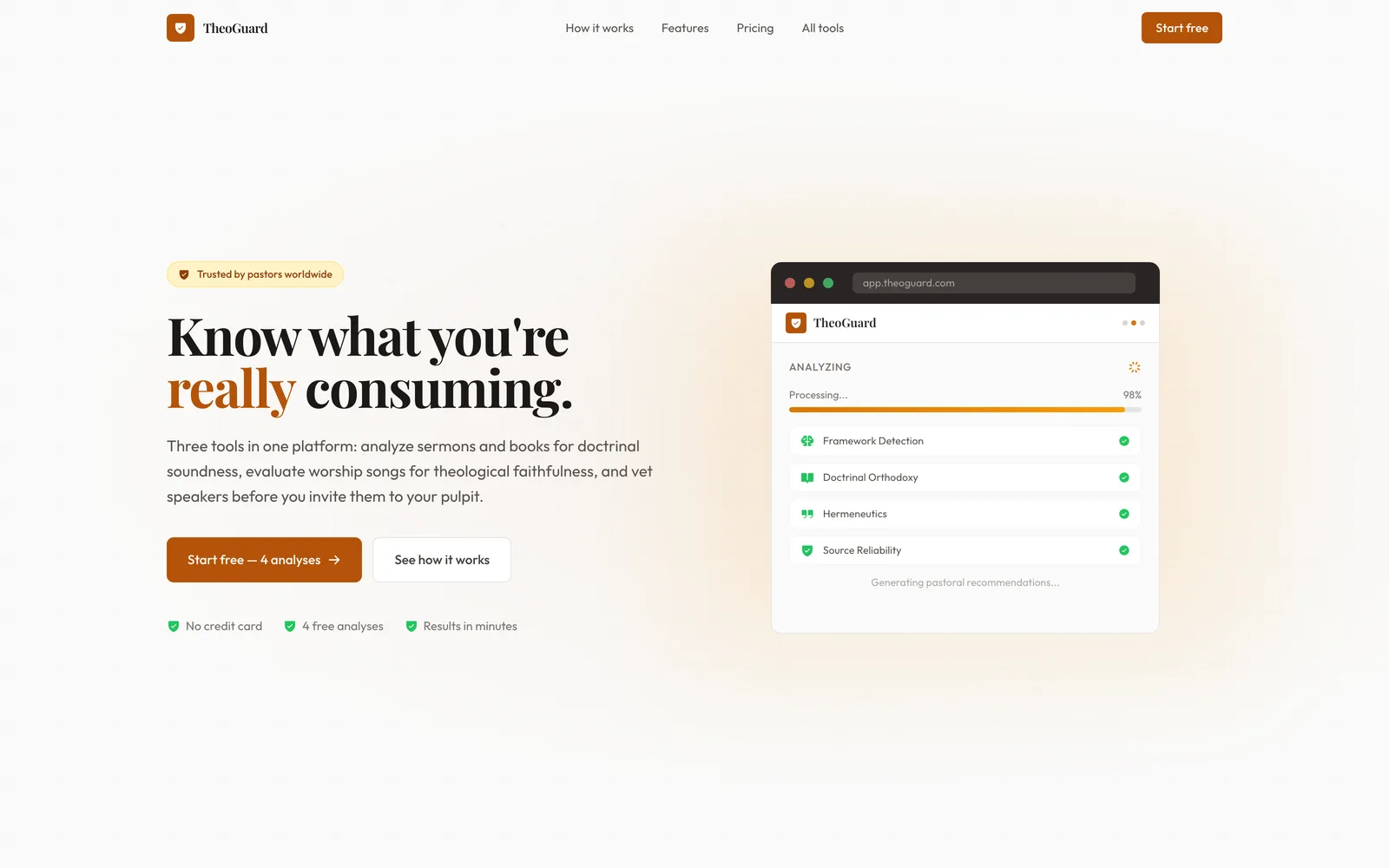 The TheoGuard home page, with a live doctrinal analysis running through framework detection, orthodoxy, hermeneutics, and source reliability checks.