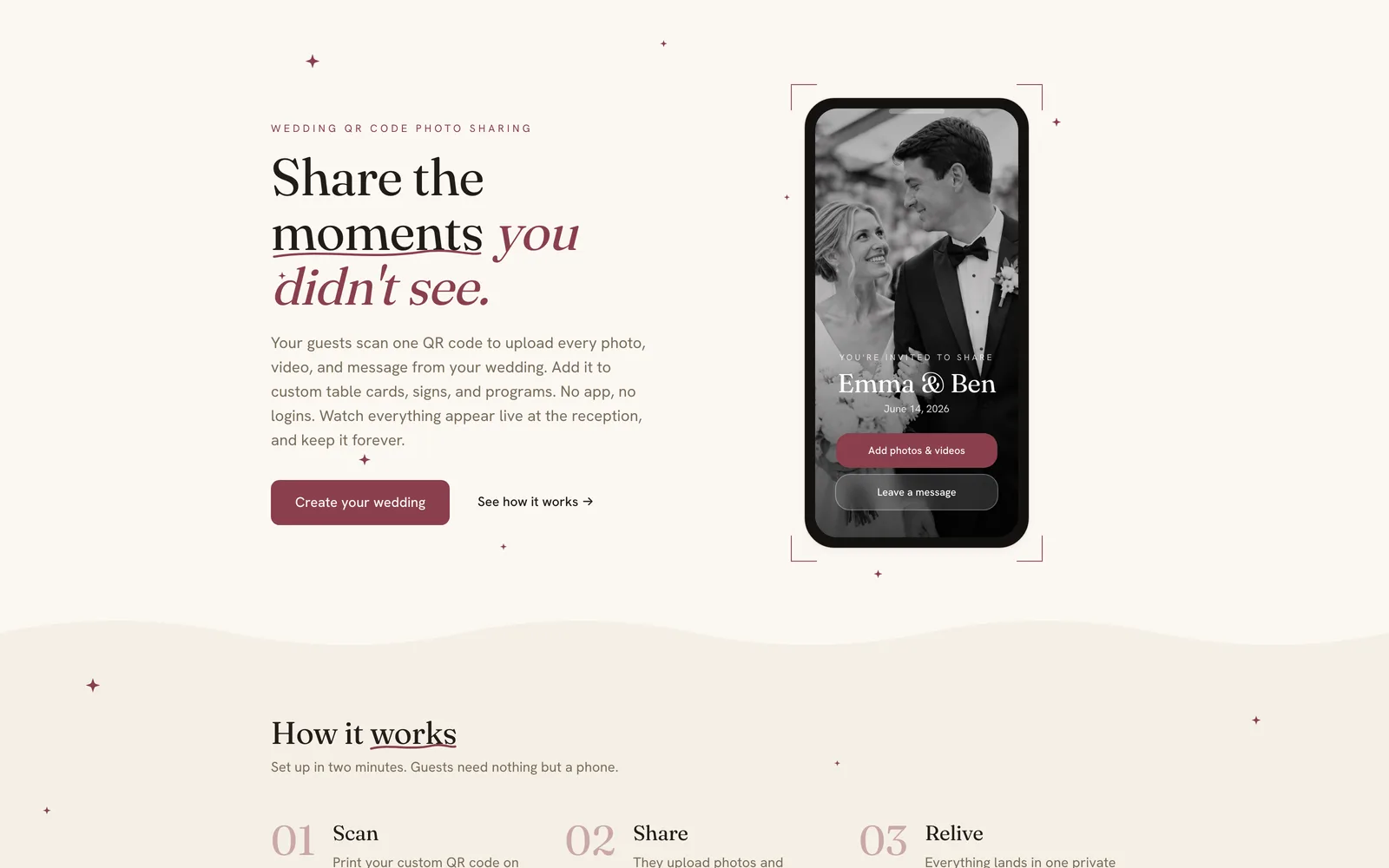 The WedKeep home page, showing the guest photo-sharing screen on a phone beside the headline “Share the moments you didn’t see.”